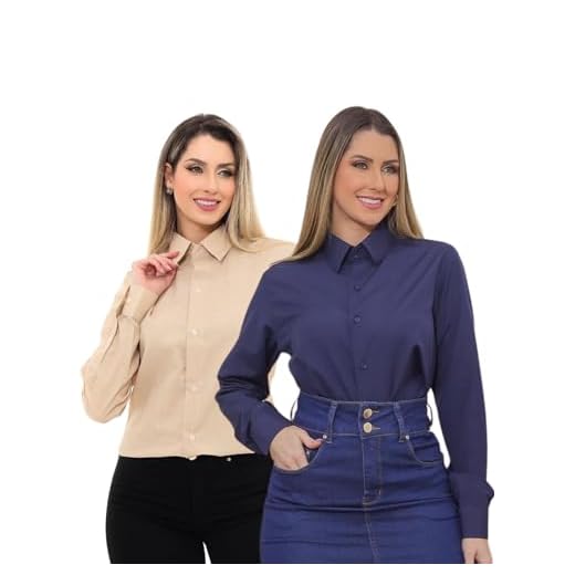 Pthirillo, KIT Feminino 2 Peças - Camisa Social Premium Tipo Linho Bege e Camisa Social Slim Azul Marinho Tamanho:XGG