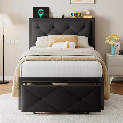 El Mejor Listado de Base para Cama Individual Con Cajones - los más vendidos. 45 Einhomn - Marco de Cama Individual con cajón de Almacenamiento, Plataforma de Metal con estación de Carga, cabecera de Almacenamiento tapizada con Botones, no Necesita somier,...