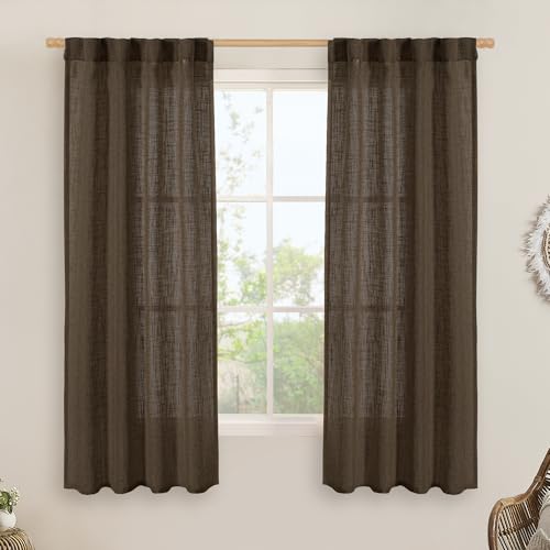 Image of LAMIT Linen Curtains 60 Inch Length 2 Panels, Light Filtering Panels Back Tab and Rod Pocket Neutral Drapes for Bedroom /Window /Living Room, Dark Brown, 34 x 60 Inch