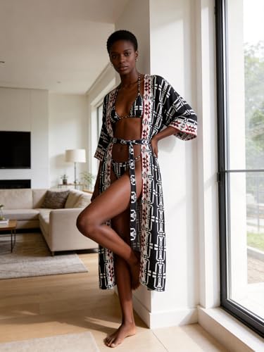 Image of Checked Kimonos for Women Womens Check Print Beach Kimonos Long Sleeve Kimono Duster Soft Light Weight Kimono Cover up Cover up Loose Open Front Beach Cover up Summer Cardigans with Belt (778 Check)
