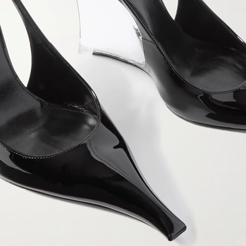 Goolita Clear Wedge Heels for Women, Square Closed Toe Slingback Heels Sexy Patent Leather Slip On Office Dress Pumps Shoes4