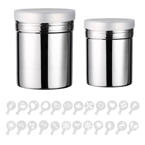 2 Piezas Espolvoreador Cacao Con Tapa, Espolvoreador Para Canela de Acero Inoxidable, Espolvoreador Cafe con 20 Plantillas de Decoración de Café, Espolvoreador Cacao Pequeño para Azúcar, Cacao, Café