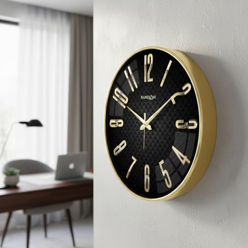 Image of RANDOM Silent Wall Clock, Non-Ticking Quartz Movement, Foiling Ring and 3D Numbers (Black and Gold)