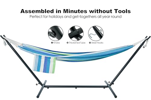 Image of GAFETE Double Hammocks with Stand for Outside, Max 600lbs, (Lagoon) | Upgraded Spreader Bar, 9FT Heavy Duty & Space Saving Stand, Easy Assemble, Convenient Side Pocket, Indoor & Outdoor, Patio