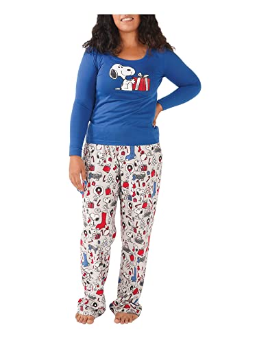 NITE NITE MUNKI MUNKI Women's LS Tee and Pant Jersey PJ Set, Snoopy Holiday Cheer, Medium
