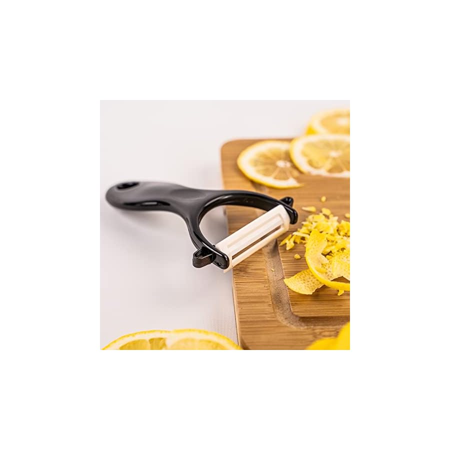 Serrated Black Ceramic Knife Set with 5" Serrated Knife. Includes 3”, 4”, 5”, 6” Ceramic Knives, Matching Sheaths and a Matching Vegetable Peeler in a Black Gift Box