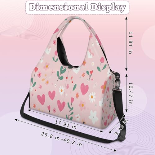 Yoga Bag for Women，Waterproof Polyester Gym Bag Detachable Strap,Shoe Pocket，Double Zipper,Pink Heart Flower Duffel Bags2