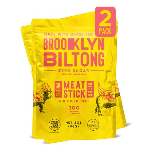 Brooklyn Biltong - Meat Stick Bites - Whole-wors - Air Dried Grass Fed Beef Snack - Whole30 Approved, Paleo, Keto, Gluten Free, Sugar Free, Made in USA - 2x2oz. Bag