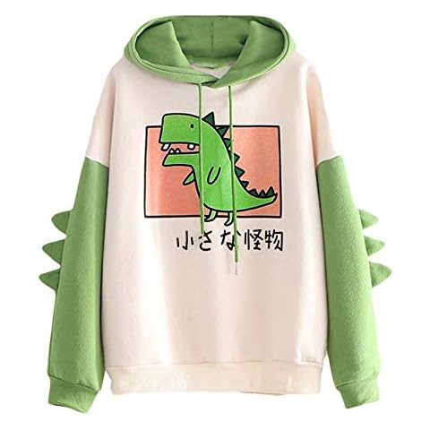 Dino Hoodie Women Dinosaur Hooded Sweatshirts Cute Long Sleeve Graphic Pullover Patchwork Loose Oversized Tops Girl Cover