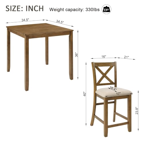 Image of LUMISOL 5-Piece Dining Table Set for 4, Farmhouse Counter Height Kitchen Table with 4 Padded Chairs, Solid Wood Square Table and Chairs Set for Dining Room, Kitchen, Oak