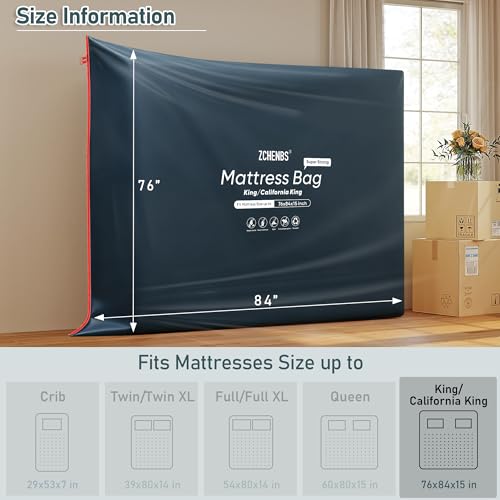 Image of ZCHENBS - King Mattress Bags for Moving, Waterproof Storage Bag with Zipper, Heavy-Duty 5 Mil Ultra-Thick California King Mattress Protector Cover for Moving, Reusable (Solid /Black, 1 Pack)