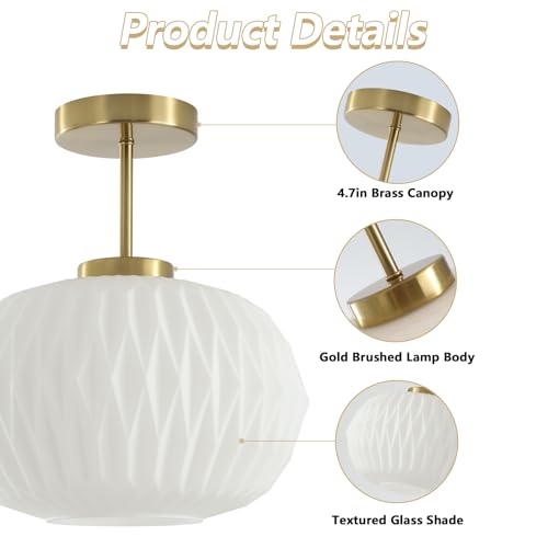 Image of Semi Flush Mount Ceiling Light Fixture Gold Brass Ceiling Light with White Striation Glass Shade Mid Century Modern Ceiling Light for Hallway Living Room Bedroom