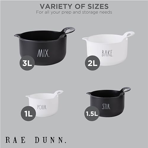Rae Dunn Non-Slip Mixing Bowls - 4 Piece Nesting Plastic Mixing Bowl Set with Pour Spouts and Handles-Measurement Markings (Black) - Image 3