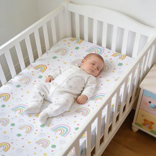 Image of JISEN Baby Fitted Crib Sheets for Boys Girls 52x28 Inch White Rainbow
