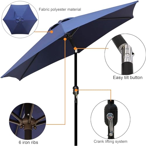 Image of Blissun 7.5 ft Patio Umbrella, Yard Umbrella, Outdoor Market Umbrella with Push Button Tilt Crank (Navy Blue)