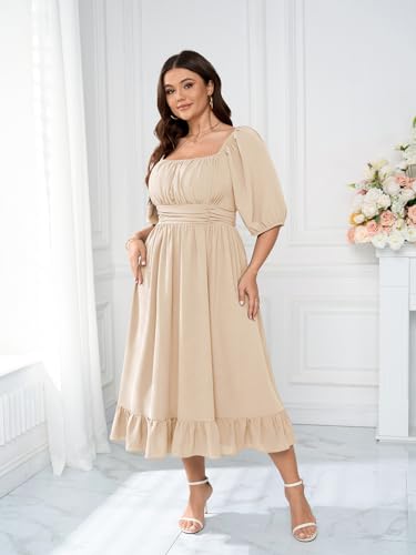 Women's Plus Size Maxi Dress Summer Half Lantern Sleeve Square Neck Smocked Flowy A-Line Elegant Wedding Guest Dresses4