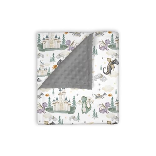 Image of EyMzcod Mink Baby Boys Blanket Dragon Tale Castle, Watercolor Green Moon Clouds Stars Tree Soft Double Layer Dotted Backing Receiving Blankets, Newborn Infant Toddler Nursery Crib Bedding 30" x 40"