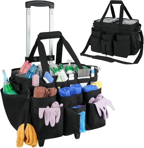 Cleaning Caddy with Handle Large Rolling Cleaning Bag Organiser with Wheels Wearable Cleaners Caddy with Detachable Thick Dividers/Adjustable Shoulder Straps for Cleaning Supply Home Car Garden Black