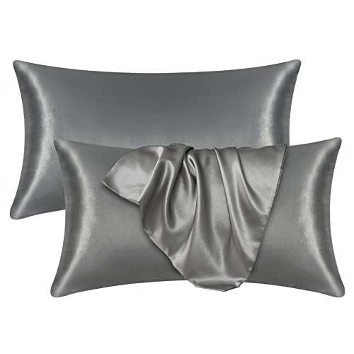 2er-Set Satin Kissenbezug 40 x 80 cm, Superweicher Kopfkissenbezug für Haar und Haut, Premium Satin Kissenhüllemit Umschlagverschluss 40 x 80 cm (40 x 80 cm, Dunkelgrau) Cover
