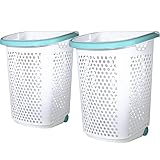 CEPTEN 2 Bushel Rolling Plastic Laundry Hamper with Pop-up Handle, White, 2 Pack