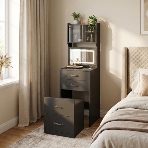 GarveeTech Vanity Desk, 3 in 1 Compact Makeup Vanity 3-Color LED, Vanity with Hidden Chair and Mirror, Small Makeup Vanity Nightstand Drawers 2 AC & USB, Acrylic Doors Jewelry Box Small Spac