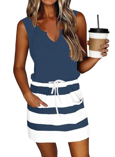 Image of SAUKOLE Womens Sleeveless T Shirt Dresses Casual Cute Floral Print Short Dress Summer Fashion Front Pockets