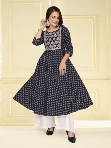 Image of rangita Navy Blue Cotton Calf Length Embroidered Anarkali Kurti for Women | Kurta for Women