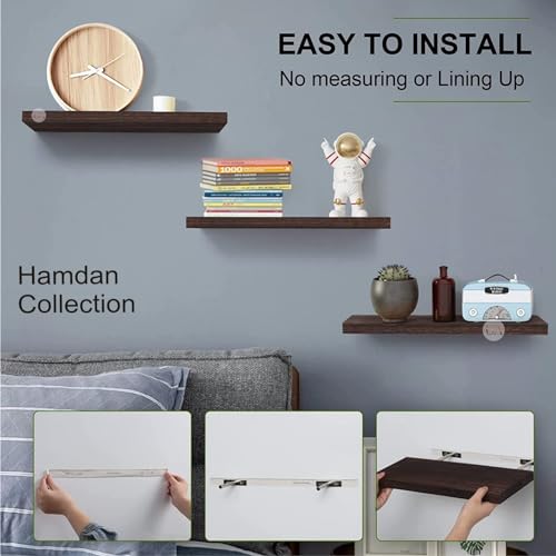 Image of Hamdan Collection Floating Shelves, 24 Inch Wall Shelf Set of 2, Rustic Wood Shelves for Wall Storage, Wall Mounted Wooden Display Shelf for Bathroom Bedroom (17 inch,Set of 3, Brownz)