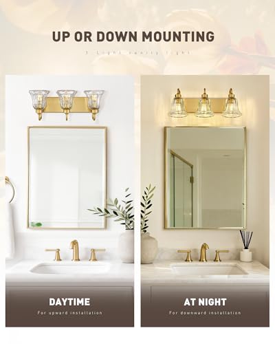Image of zeyu 3-Light Gold Bathroom Vanity Light with Clear Striped Glass, Modern Brass Vanity Light for Bathroom Mirror, 22 Inch Bathroom Lights Over Mirror, ZJX117B-3W BG