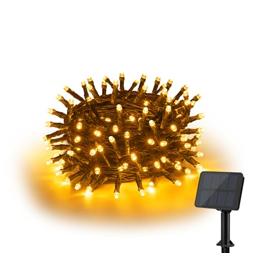 Isisyu - Catena luminosa a energia solare per esterni, 6 m, 60 LED, resistente alle intemperie, 8 modalità, IP65, impermeabile, luce bianca calda, per balcone, giardino, matrimoni, terrazze, Natale