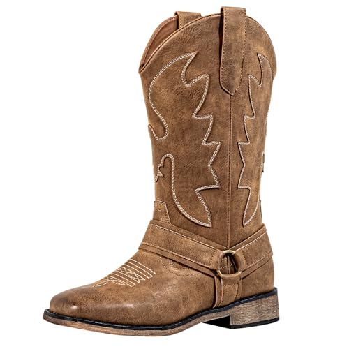SheSole Cowboy Boots for Women Wide Calf with Hidden Elastic & Roomy Square Toe - Easy On/Off Western Cowgirl Boots with Decorative Buckle & Embroidered Accents (Brown, Wide, 9.5)