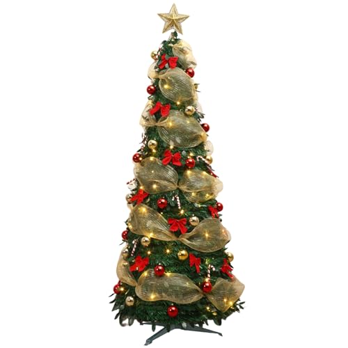 Árbol de Navidad plegable, 1,2 m/1,5 m, árbol de Navidad emergente con luz LED, árbol plegable, decorado con cinta y lazo, árbol de Navidad luminoso LED para decoración de vacaciones interiores (A-1,2