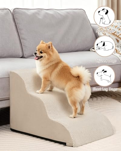 Image of Aodisman Dog Stairs for Small Dogs,3 Step Dog Ramp for Couch,Non-Slip Steps | Pet stairs help small dogs, old cats, and puppies reach couches and chairs easily, durable indoor dog steps,15.4 inch H,Beige