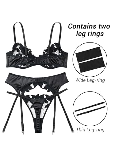 Image of Lilosy Sexy Leaf Floral Embroidered Mesh Sheer Women Underwire Push Up Lingerie Set