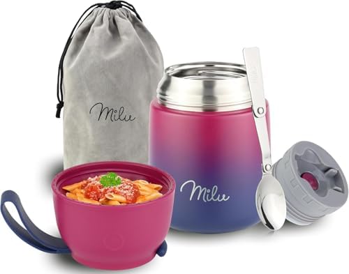 Milu® Thermobehälter für Essen 450ml, Edelstahl, Thermo Lunchbox, Suppenbehälter to go, Thermobox, Thermodose zum Warmhalten Suppen, Speisebehälter, unterwegs, Berry Blau 450ml