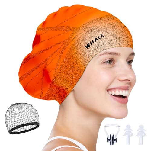 WHALE Extra Large Swim Cap Designed for Men and Women with Thick, Long Hair, Hair Extensions Or Afro-Textured Hair Long-Hair Swim Cap Highly Waterproof to Keep Hair Dry (Orange)