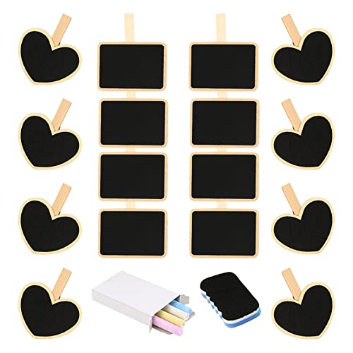 MENGON 16 Stück Mini Kreidetafel Klein Holz Tafelklammern Rechteck und Herzförmig Holztafel zum Beschriften Holzklammern Herz Wäscheklammern für Hochzeit Party Deko Fotohalterkarte Pflanzenschilder Cover