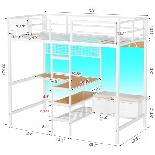 image for DICTAC Twin Loft Bed with L-Shaped Desk, Storage Shelves and Charging 