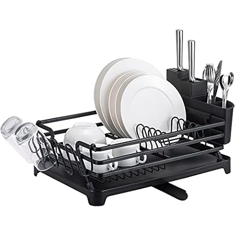 Luling Aluminum Dish Drying Rack, Rustproof Sink Dish Rack and Drainboard Set, Dish Drainer with Adjustable Swivel Spout, Removable Utensil Holder and Drainboard - Black Cover