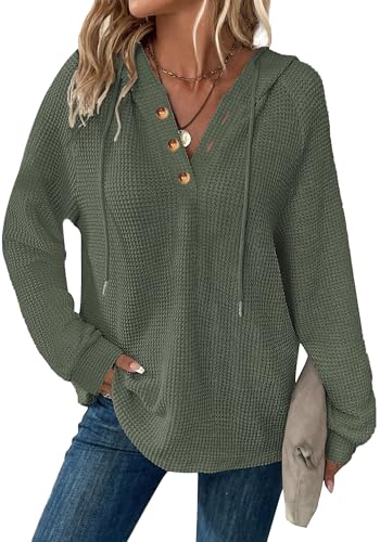 Dimur Waffles Knit Pullover Tops Christmas Drawstring Hoodie Business Casual Outfits for Women V Neck Soft Jumpers for Women Green
