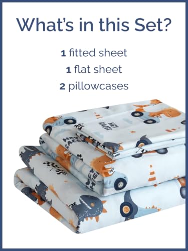 Image of Kids Queen Size Dinosaur Bed Sheets - 4 Piece Kids Dinosaur Sheet Set - Speedy Racecar Bedding - Ultra-Soft, Cute & Cozy - Breathable & Machine Washable - Fun Bed Set for Boys, Girls, Teens & Toddlers