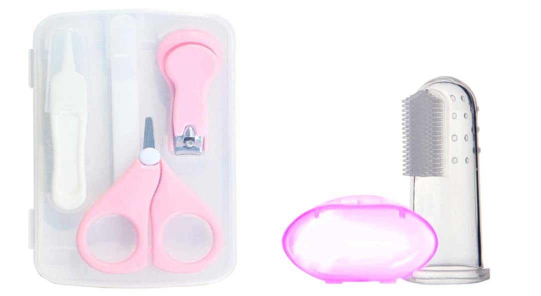 Tinny Tots Baby Nail Clippers Kit 4-in-1 Baby Pedicure Manicure Essential Grooming Set Cute Transparent Protective Case With Baby Silicone Soft Bristles Finger Tooth Brush Teether For Oral Dental Care For Newborn/Infants/Toddlers