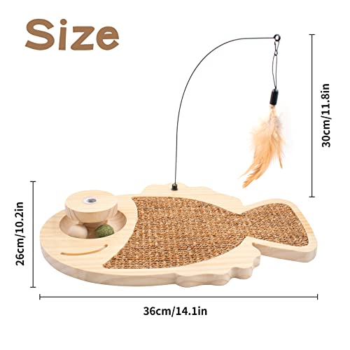 3 In 1 Cat Scratching Pad Pet Toy Fish Shape Cat Scratcher Interactive Smart Catnip Balls Feather Toy Sisal Cat Scratch Board Cat Toy Kitten Training Exercise Wooden Base Grinding Paw #TOP6