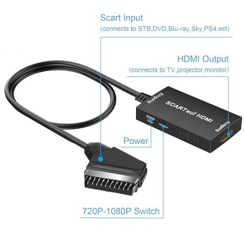 uhddadi Scart auf HDMI Konverter, Scart auf HDMI Adapter Video Audio Wandler HD 1080P mit HDMI Kabel, für HDTV STB VHS Xbox PS3 Sky DVD Blu-ray usw, schwarz