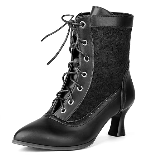 Women Victorian Lace Ankle Boots Wedding Bridal Booties Vintage Costume Kitten Heel Boots