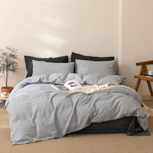 Image of VM VOUGEMARKET Grey Pinstriped Duvet Cover Set Queen 100% Washed Cotton Bedding Set,Ticking Stripes Pattern Duvet Cover with Zipper Closure (3pcs, Horizontal Stripes)