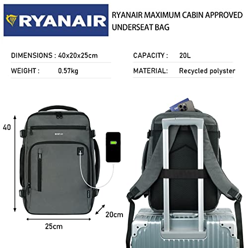ECOHUB Ryanair Mochila Viaje Cabina Avion 40x20x25 Maletas de Viaje Bolsa de Viaje Bolso del Ordenador Portátil Maleta de Mano Under Seat Eco PET Mochila para Equipaje de Mano 20L,Patentado(Gris)