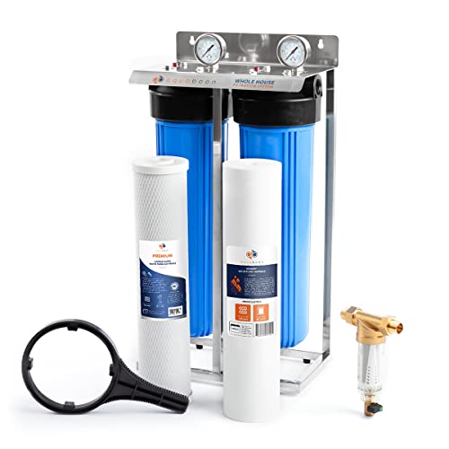 2-Stage Water Filter System 20x4.5 inch Comes with Sediment & Carbon Filters | Prefilter, Wrench, Gauge & Release, Freestanding Steel Frame Included