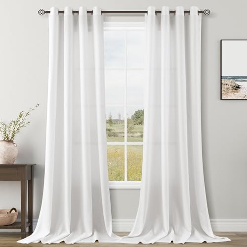 Image of White Linen Curtains 108 Inches Long for Living Room Sliding Glass Door Light Filtering Privacy Semi Sheer Drapes Modern Elegant Cotton Textured Grommet Gauze Window Curtain for Bedroom 9 FT,52x108