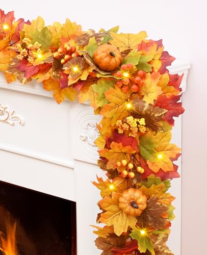 Fall Decorations for Home, 6 FT Fall Leaves Garland with Maple Leaves Lifelike Pumpkins & Berries, Fall Garland with Lights for Mantle Table Centerpiece Thanksgiving Fall Home Decor